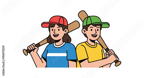 Two cheerful children a girl and a boy carry baseball bats over their shoulders a playful scene silhouette high quality professional