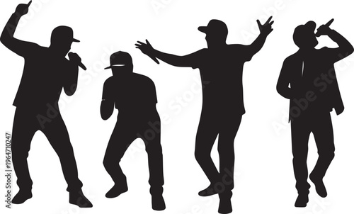 Rap singers vector silhouettes, men performing hip hop music concert.
