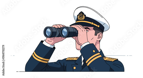 A detailed illustration depicts a naval officer intently observing through binoculars presented as a silhouette high quality professional modern elegant stylish