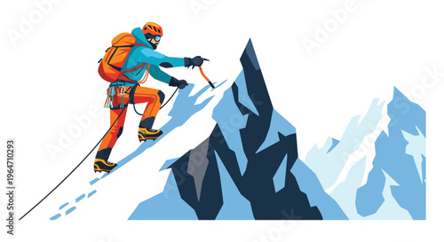 A mountaineer ascends a steep icy peak with trekking poles showcasing a vibrant stylized silhouette high quality professional detailed modern elegant