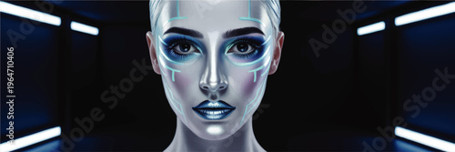Futuristic cyberpunk woman portrait with neon blue makeup and metallic skin in dark sci fi tunnel, digital illustration art