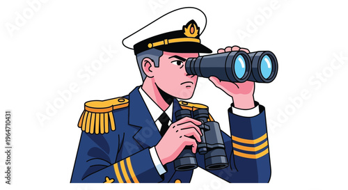 A focused captain intensely gazes through binoculars observing the horizon with determination a striking silhouette high quality professional detailed modern