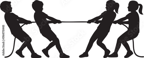 Silhouettes of children engaged in a spirited tug-of-war game, illustrating teamwork, competition, and childhood fun