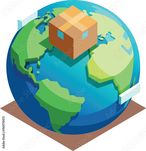 A brown cardboard box on top of a globe showing worldwide delivery  global shipping concept