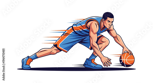 A dynamic illustration of a basketball player in an athletic stance dribbling a ball with speed and focus silhouette