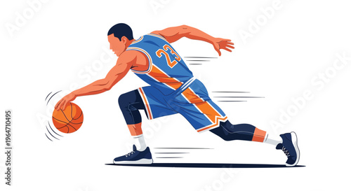 A dynamic illustration depicting a basketball player dribbling exhibiting motion and athleticism in a stylized silhouette high quality professional detailed modern