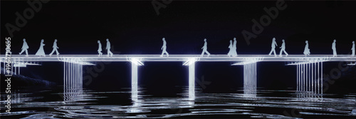 Futuristic glowing bridge at night with silhouettes of people walking over reflective water, sci fi digital art background