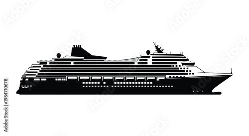 A striking black silhouette of a large cruise ship showcasing detailed deck arrangements and a sleek design silhouette high quality professional