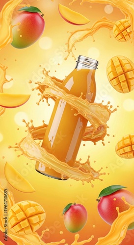 Fresh apple cider bottle pouring golden liquid with splashing citrus and fruit ingredients on vibrant yellow background