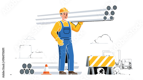 Construction Worker in Action: An illustration of a construction worker, confidently carrying a bundle of pipes across a construction site. Depicting determination and hard work in the industry.