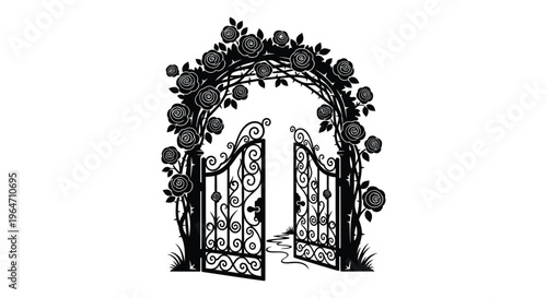 An ornate open gate adorned with roses and foliage creates a welcoming archway presented as a silhouette high quality professional detailed