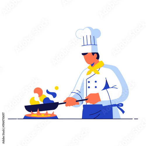 Professional chef expertly preparing a gourmet meal with a frying pan on a stove, showcasing culinary skills and passion