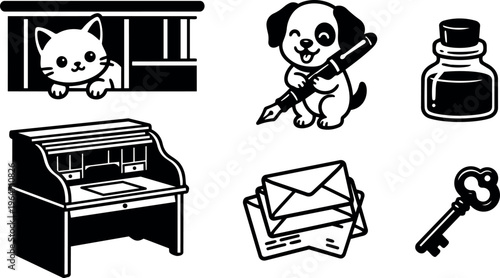 Cat dog ink bottle roll top desk and mail envelopes
