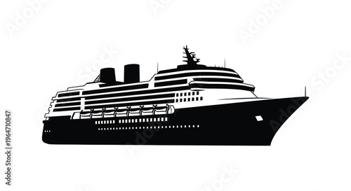 A striking black silhouette depicts a large cruise ship with multiple decks and smokestacks showcasing maritime travel silhouette high quality professional