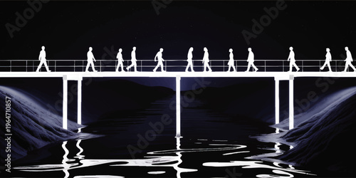Minimalist silhouettes of people walking on illuminated bridge over dark river at night, conceptual crowd journey illustration