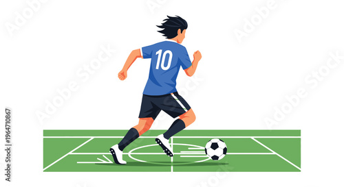 A vibrant illustration depicts a soccer player in motion on a green field showcasing dynamic action silhouette high quality professional detailed