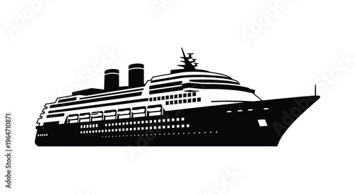 A striking black silhouette of a large ocean liner with detailed deck features and prominent smokestacks silhouette high quality professional modern