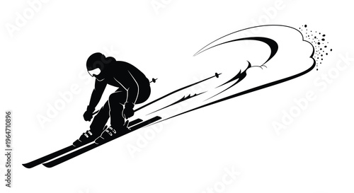 A dynamic image depicts a skier in motion captured as a striking black silhouette high quality professional detailed modern elegant stylish