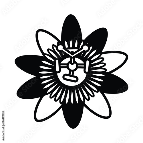 A black and white image of an atom with a face