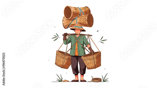 Burden Bearer's Labor: An illustration depicting a labor man carrying heavy baskets and supplies, showcasing the dedication of hard work and the burden of toil in rural life.