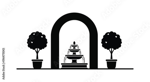 A striking black silhouette depicts an arched gateway framing a tiered fountain and flanking trees silhouette high quality professional detailed modern