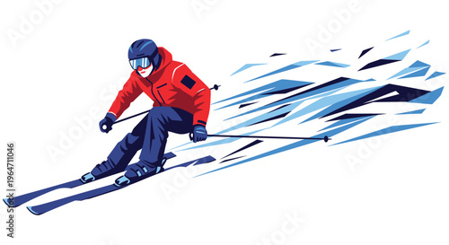 A dynamic illustration depicts a skier in action leaning into a turn amidst swirling lines silhouette high quality professional detailed modern