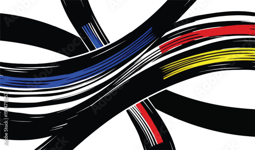 Abstract dynamic motion lines with colorful streaks, expressive black brush strokes on white background, modern speed and energy vector illustration