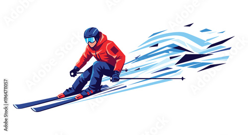 A dynamic illustration depicts a skier in motion clad in red against a backdrop of fragmented blue lines silhouette high quality