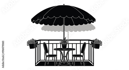 A minimalist depiction of a balcony with furniture and a large parasol presented as a silhouette high quality professional detailed modern