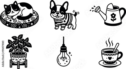 Cat sleeping on patterned bed and dog with sweater