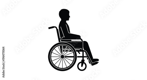 A black silhouette of a man seated in a wheelchair viewed from the side conveying accessibility silhouette high quality professional detailed