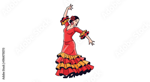 A vibrant illustration depicts a flamenco dancer in a red dress posed dynamically with castanets silhouette high quality professional detailed modern