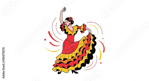 A vibrant illustration of a flamenco dancer in a red dress with yellow accents a striking silhouette high quality professional detailed