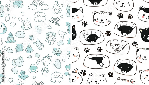 Cute Cat Seamless Pattern Collection Featuring Kawaii Kittens, Beds, Paw Prints and Cozy Pet Elements Soft Minimal Background Vector Illustration Set