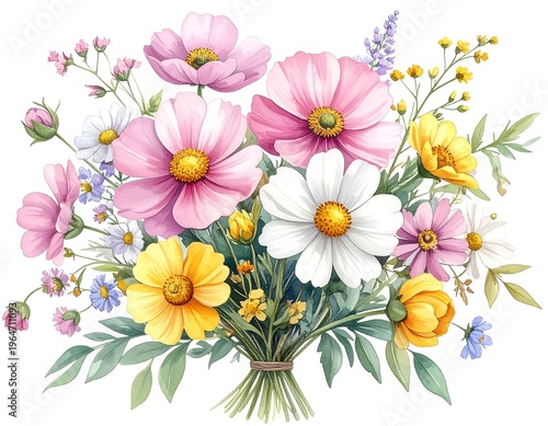 A vibrant watercolor painting of a bouquet with pink, yellow, white, and purple blossoms, tied with twine