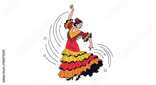 A vibrant illustration depicts a flamenco dancer in a dynamic pose with swirling lines enhancing the movement silhouette high quality