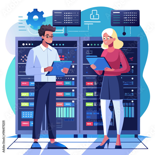 business people in a meeting room. Male DevOps Engineer and Female IT Consultant Using a Tablet Computer, Standing in an Office Above the Rows of Servers in a Data Center, Developing Automation Script