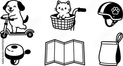 Dog on scooter and cat in bike basket with helmet