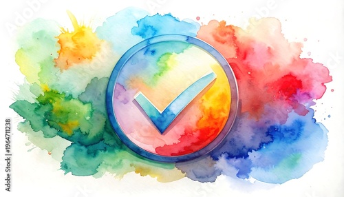 A vibrant, watercolor-style illustration features a blue checkmark symbol inside a transparent circle, overlaid on colorful splashes
