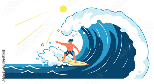 A surfer rides a large curling wave under a bright sun depicted in a striking flat vector silhouette high quality professional