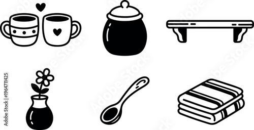 Black and white kitchen utensils cup honey jar flower vase and towel icons