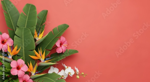 Tropical flowers on red background.