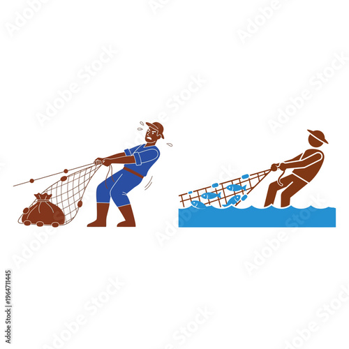 Obraz na plátně Fishermen hauling in their nets, one with a good catch and the other with a net