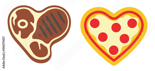 Heart Shaped Pizza and Grilled Steak Icons for Food Lovers Concept