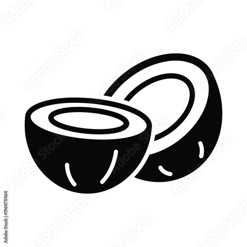 A black and white drawing of two halves of a coconut