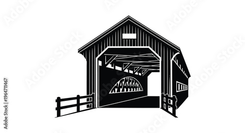 Photos A detailed black and white illustration depicts a classic covered bridge with in