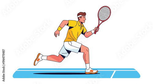 A dynamic illustration depicts a tennis player in mid swing running on a blue court a bold silhouette high quality professional detailed