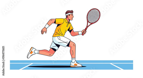 A dynamic illustration depicts a tennis player in motion preparing for a forehand shot silhouette high quality professional detailed modern elegant