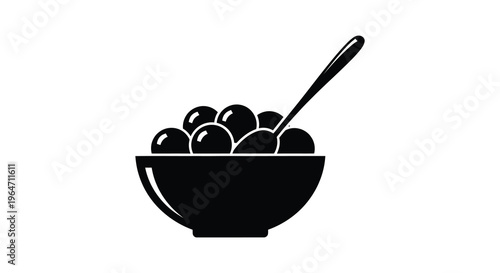 A black silhouette depicts a bowl filled with round objects and a spoon representing a simple breakfast scene silhouette high quality