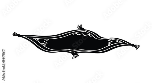 A striking black rug design with geometric patterns and fringed edges presented as a silhouette high quality professional detailed modern elegant